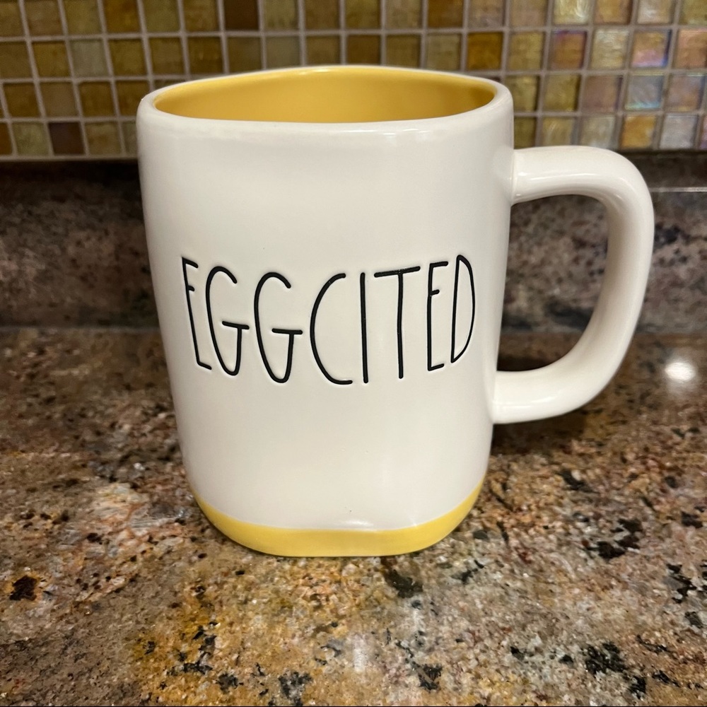 RAE DUNN “Eggcited” White/Yellow Mug